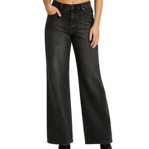 GB Giani Bini Rhinestone Wide Leg Jeans 13/31 Black Denim Sparkle Glam Y2K Bling